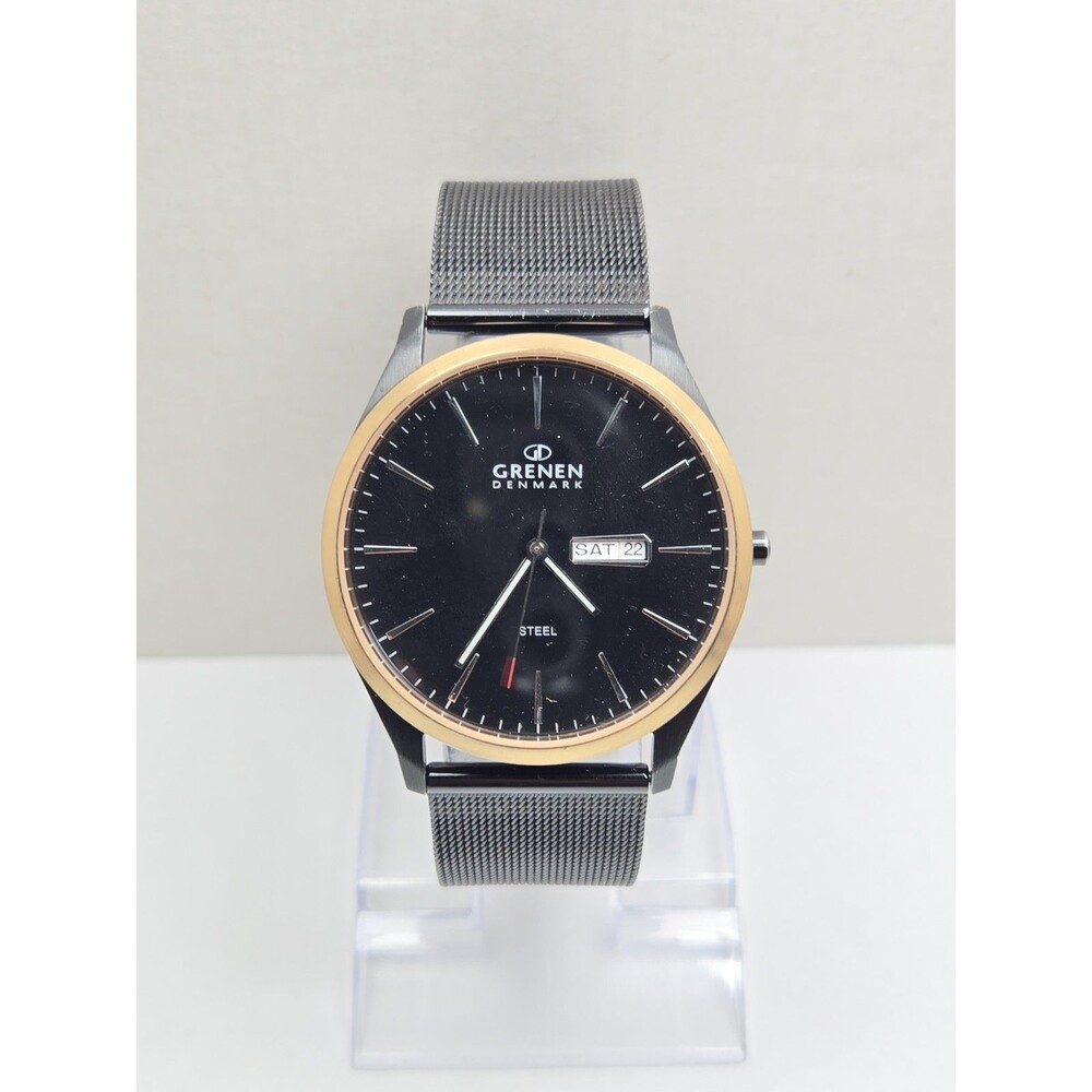 Mens Grenen by Skagen Black Gold Tone Steel Mesh 41mm Day Date Watch New Battery